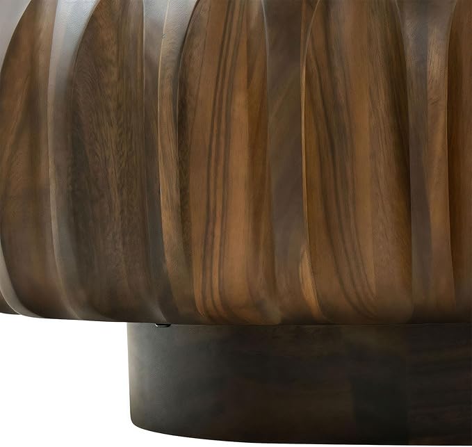 31.5" Walnut Round Solid Wood Carved Coffee Table with Elegant Sculptural Design, Modern Side Table for Living Room, Bedroom, Office