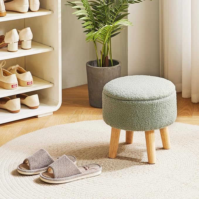 IBUYKE 13 Inch Foot Stool Ottoman with Storage, Round Small Foot Rest with Padded Seat and Wood Legs, Teddy Velvet Mini Footstool for Living Room Couch Bedroom Entryway, Green WBD006GR