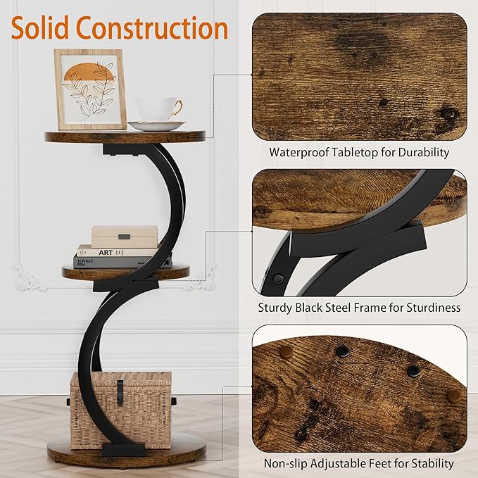 Small Side Table, 3-Tier Round End Table for Living Room, S-Shaped Accent Table for Small Spaces Sofa Couch Bedroom, Vintage Nightstand Wood Metal Coffee Table with Storage Shelf, Rustic Brown