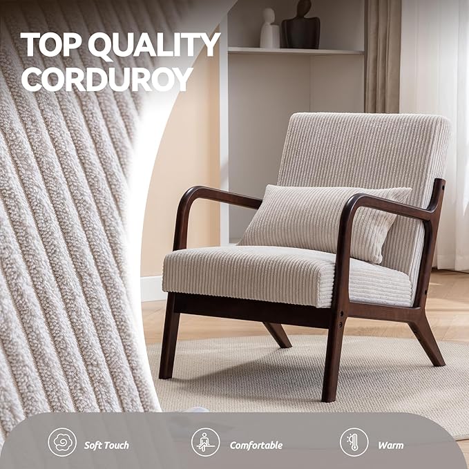 Mid Century Modern Accent Chairs Set of 2, Living Room Chairs Boho Armchair Set of 2 with Lumbar Pillow Solid Wood Frame & Corduroy Fabrics for Living Room Bedroom