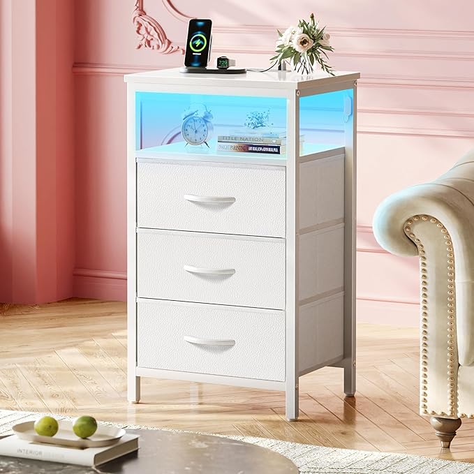 Huuger Night Stand with Charger Station and LED Lights, 3 Drawer Nightstand, Bed Side Table with Open Shelf, End Table, Tall Fabric Dresser for Bedroom, PU Leather, White
