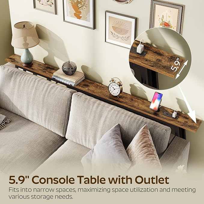 78.7" Couch Table Behind Sofa, Narrow Console Table with Outlet, Skinny Sofa Tables Narrow Long, Long Entryway Tables for Hallway, Entryway, Living Room, Rustic Brown and Black CT205UBR