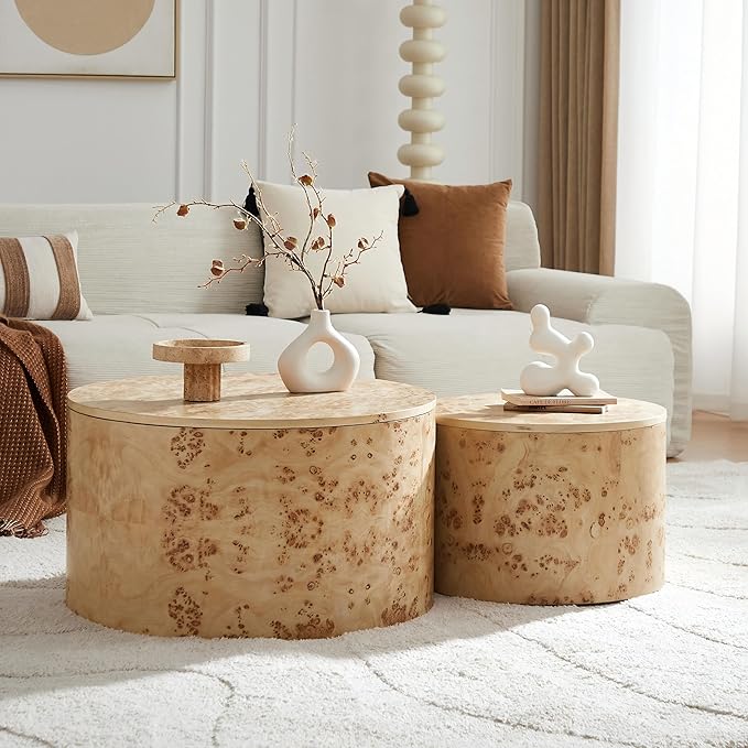 Nesting Coffee Table Set of 2 with Storage,Modern Round Burl Wood Veneer Circle Accent Side Tables for Living Room,Small Space,Bedroom,Balcony,Office,Brown(27.56"+19.69")