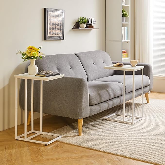 C Shaped End Table, Small Side Table for Sofa and Bed, White Bedside Table, Laptop Desk for Couch 16x12x25 inch Faux Marble+White YD-TM051W