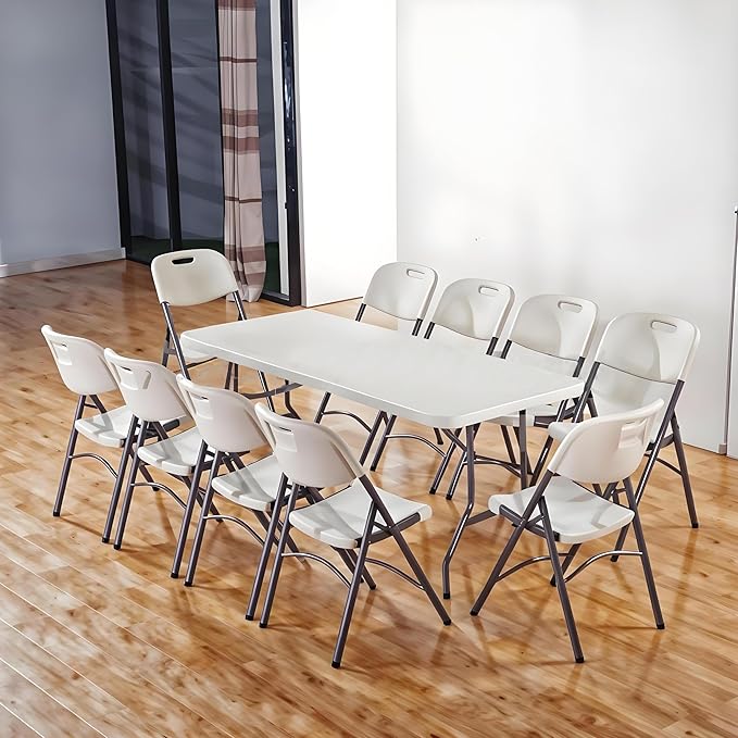 8 Foot Folding Table 96 inch Heavy Duty 8ft Plastic Portable Foldable Table with Handle Indoor Outdoor White 8' Dining Table for Picnic, Party and Camping