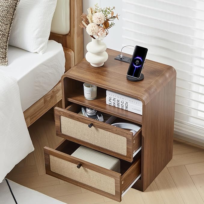 Modern Night Stand with Charging Station and 2 Drawers, Wooden Side Table Curved Nightstands with USB/Type-C Ports, Large Mid Century End Table for Living Room, Bedroom, Nature Linen, Walnut