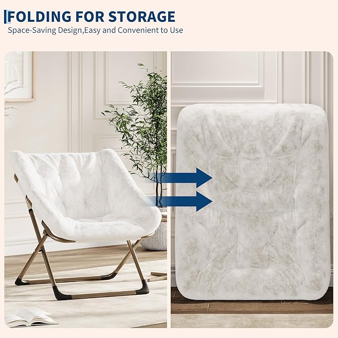 Folding Saucer Chair for Adults, Comfortable Living Room Lounge Chair with Soft Faux Fur Cushion, No Assembly Required, Foldable Accent Furniture for Apartments/Dorms/Bedrooms, White