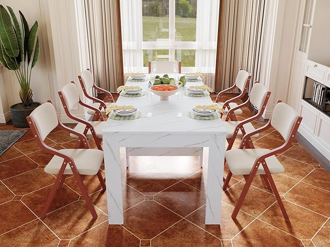 Extendable Dining Table for 2-8 People, 19–78 Inch White Marble High Gloss, Expandable Rectangular Table with Rounded Corners, Space-Saving Console Table with Hidden Leaf Storage