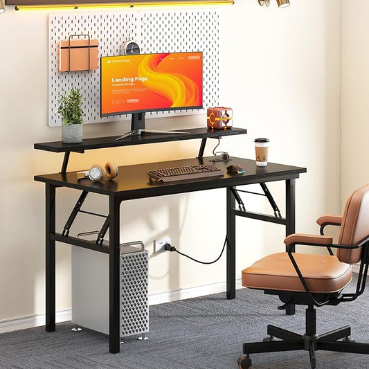 DlandHome Computer Desk 39’’ with LED Lights & Power Outlets,Folding Desk with Monitor Stand, Writing Desk Home Office Desk, Fully Assembled,Black