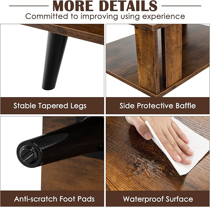Tangkula Small Coffee Table for Small Space, 2-Tier Wooden Center Table with Open Storage Shelf, Side Baffle, Easy Assembly, Industrial Side Table for Living Room Bedroom (Rustic Brown)