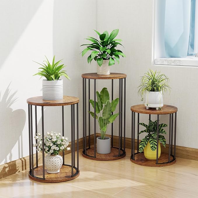 Plant Stand Indoor,small plant stool,Flower Pot Corner stand holder,Mid Century Heavy Duty Metal Tall Home Decor,Modern Round End Table,Small Rustic Display Stand for Living Room,Bedroom(Brown,14In)