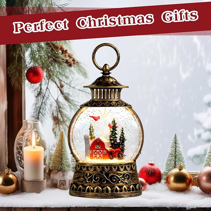 Christmas Snow Globe, Red Barn Truck Musical Snow Globe Lantern Lights with 6H Timer Battery & USB Powered, Retro Style Holiday Glitter Globe for Xmas Home Decoration Holiday Party Gifts