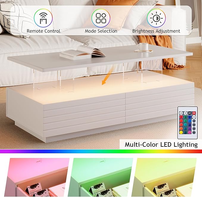 LED Coffee Table with 2 Large Drawers, 47.2" Multi-Color Adjustable Lighting & Ample Storage for Magazines for Living Room, Modern Rectangular Sturdy Engineered Wood Tea Table for Furniture, White