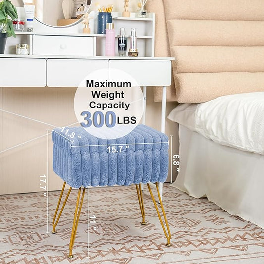 Faux Fur Vanity Stool Chair with Storage Ottoman, Vanity Chair for Makeup Room, Vanity Stools for Bedroom, Footrest with Metal Legs and as a Coffee Table, Blue
