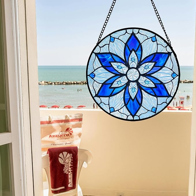 Stained Glass Window Hanging, Blue Tiffany Style Flowers Sun Catcher for Window Door Home Decor Suncatcher Christmas Mother's Day Birthday Gifts for Women Men Mom and Nana 7.8 in