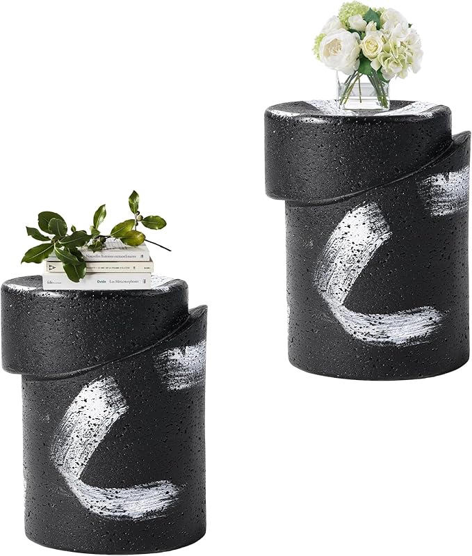 HOMPUS Concrete Outdoor Side Table Set of 2 w Graffiti Round Coffee Table, Home Decor Plant Stand Outdoor Accent Table Patio Drum End Table for Living Room, Bedroom or Balcony, Black & White