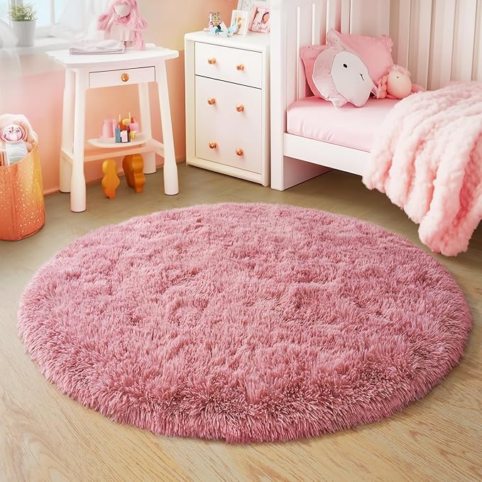 4'x4' Blush Round Rugs for Girls Bedroom, Ultra Soft Fluffy Circle Rug for Kids Room, Cute Shag Rugs for Living Room Playroom Tent Castle Home Decor Rug