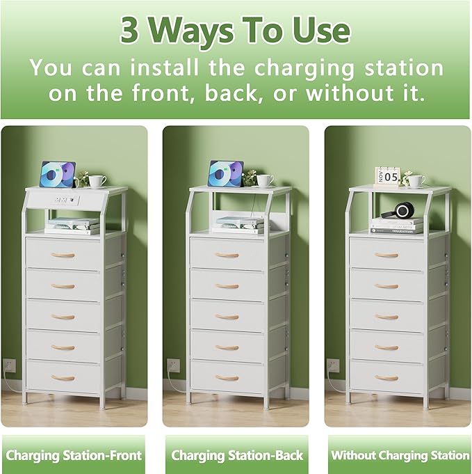 Furnulem 5 Drawers Dresser with Charging Station, Tall Night Stand with Open Shelf, Storage Tower with PVC & Fabric Drawer, Bedside Table for Bedroom, Closet, Entryway, 3 Ways to Use, White