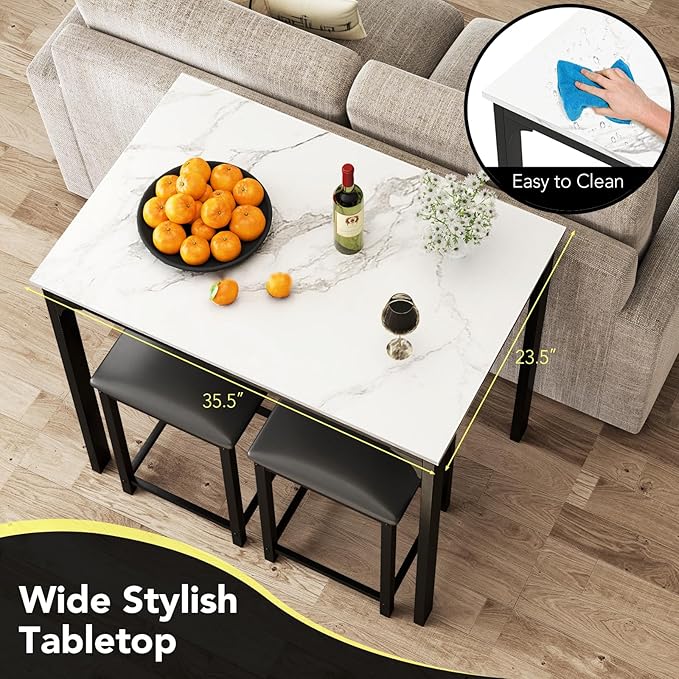 Giantex Dining Table Set for 2, Counter Height Bar Table with Faux Marble Pattern Tabletop, 2 Padded Bar Stools, Footrests, Metal Frame, Dinette Set for Kitchen Small Space Breakfast Nook Pub, White