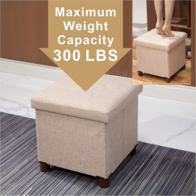 15 Inch Storage Ottoman with Wooden Legs - Cube Foot Rest Stool, Square Footstool, Comfortable Seat with Lid, Foldable Fabric Ottoman, Space-Saving Beige