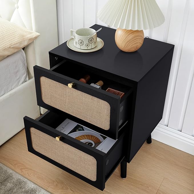 16" Wooden Nightstand with 2 Storage Drawer, Farmhouse Bedside End Table with Linen Decor, Modern for Night Stand Bedroom, Living Room & Small Spaces (Black)