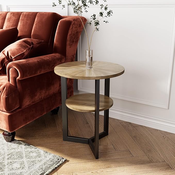 LEEMTORIG Round Side Table, 2-Tier High End Table Nightstand with Metal Legs, Modern Bedside Couch Table for Living Room, Bedroom, Office, Rustic Natural/Black, 19.3 x 19.3 x 24 inches BZ-1338