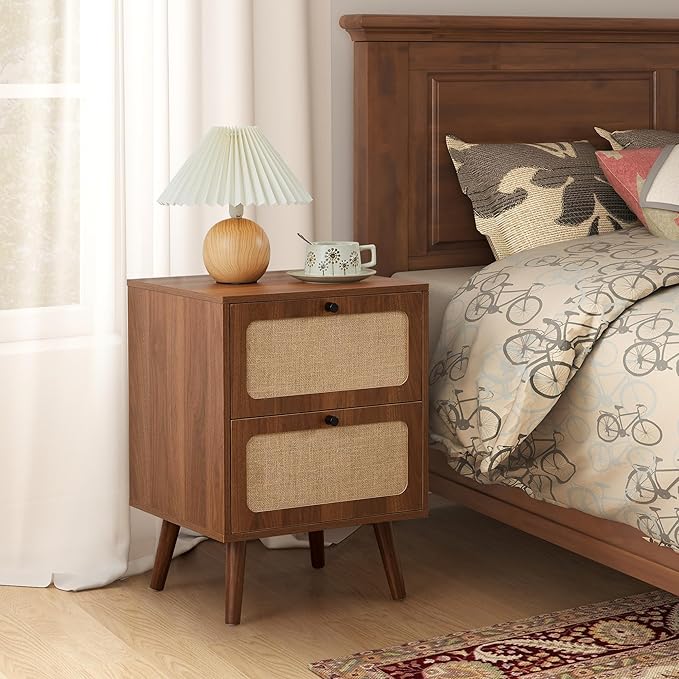 16" Wooden Nightstand with 2 Storage Drawer, Farmhouse Bedside End Table with Linen Decor, Mid Century Modern for Night Stand Bedroom, Living Room & Small Spaces (Walnut)