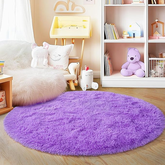 3'x3' Purple Round Rug for Bedroom, Ultra Soft Fluffy Circle Rug for Kids Girls Boys Room, Cute Small Shag Rugs for Living Room Playroom Teen Room Home Decor Rug