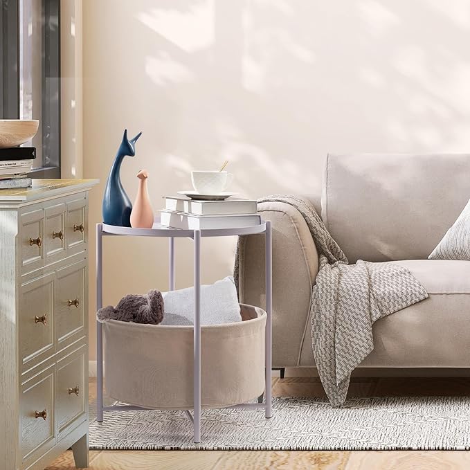 danpinera Round Side Table with Fabric Storage Basket, Metal Side Table Small Bedside Nightstand with Removable Tray Top for Living Room, Bedroom, Nursery, Laundry, Light Violet