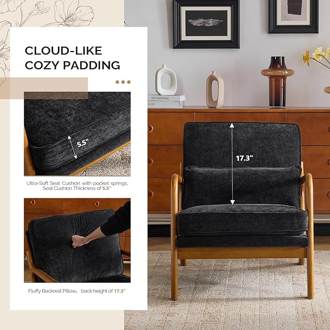 VINGLI Chenille Mid-Century Modern Accent Chair, Cute Reading Arm Chair with Cushion & Lumbar Pillow & Solid Wood Frame for Lounge, Living Room, Reading Room, Bedroom, Black