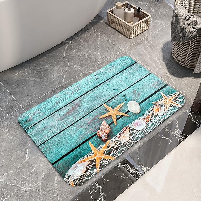 Bath Rugs Sponge Foam Absorbent Soft for Bathroom and Kitchen (30 x18 inches), Flannel Mat Non Slip Bright 3D Print for Bedside and Living Room(Starfish on Blue Wooden Board)