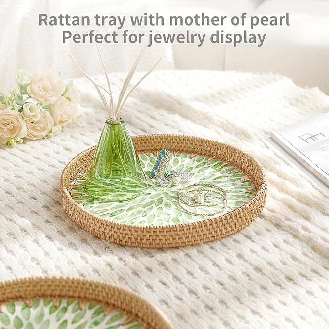 Rattan Tray with Mother of Pearl Inlay, Round Rattan Serving Tray with Wooden Base, Decorative Wicker Basket for Table Decor, Mosaic Tray for Storage and Display of Jewelry Coffee Food (Aqua Green)