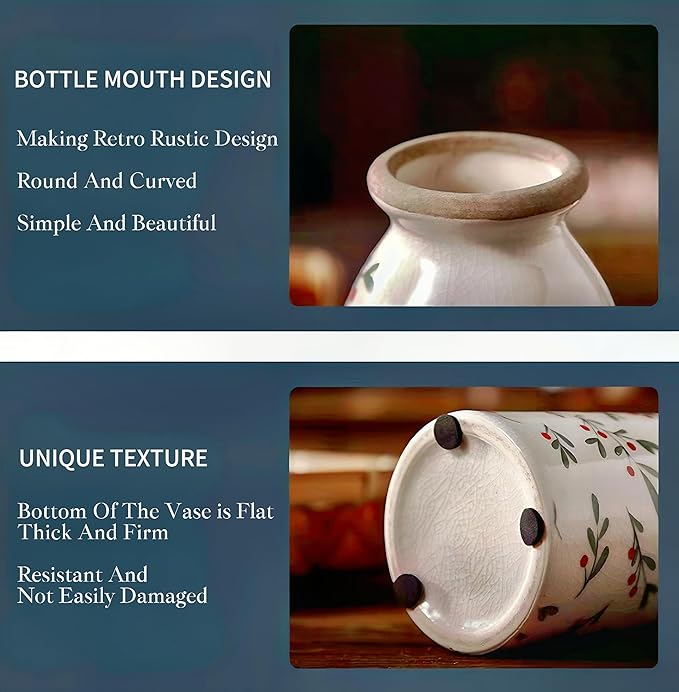 Ceramic Rustic Farmhouse Vase, Holly Pattern Flower Vase for Home Decor, Ideal Shelf Decor, Boho Vase for Living Room Bedroom Kitchen Office Decor Centerpiece Table Decorations (7.8 inches)…