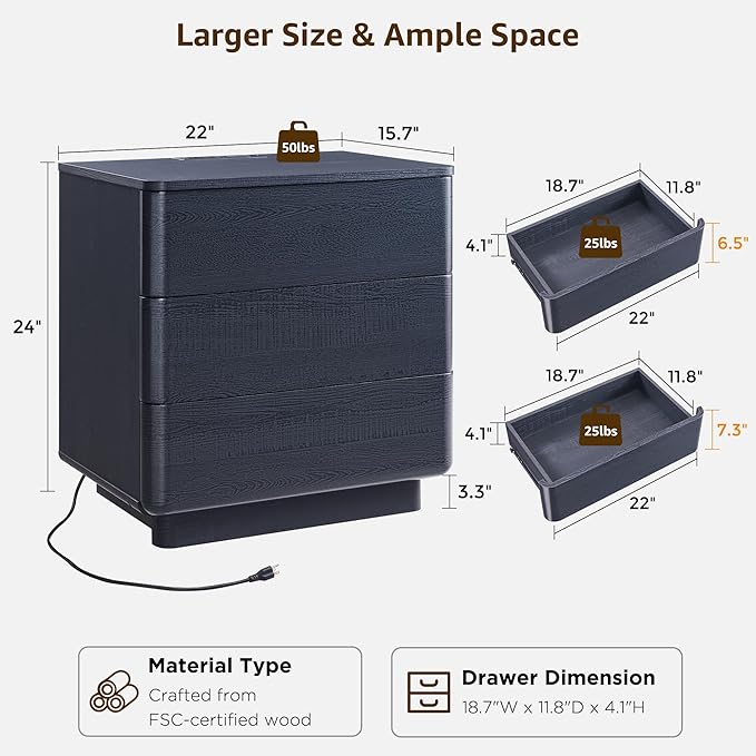 ACCOHOHO 22" Modern Nightstand Set of 2 with Charging Station, 3 Push-to-Open Drawers Bedside Table, Large End Table with Storage, Night Stand for Bedroom, Living Room, Curved Profile, Dark Black