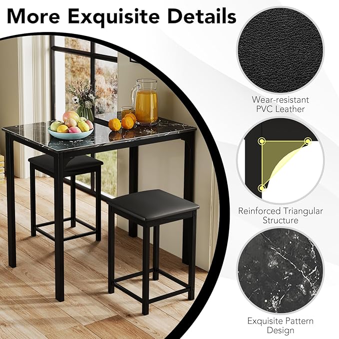 Giantex Dining Table Set for 2, Counter Height Bar Table with Faux Marble Pattern Tabletop, 2 Padded Bar Stools, Footrests, Metal Frame, Dinette Set for Kitchen Small Space Breakfast Nook Pub, Black