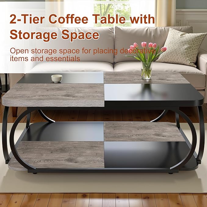 2-Tier Coffee Table with Storage Shelf, 39" Small Square Coffee Table Modern Wooden and Metal Accent Center Sofa Side Tables for Living Room, Gray & Black