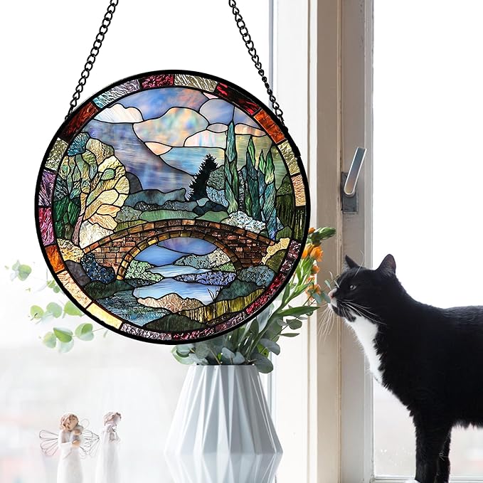 Stained Glass Window Hanging, Blue Landscape Arch Bridge Sun Catcher for Door Home Decor Suncatcher Christmas Mother's Day Birthday Gifts for Women Men Mom and Nana 15 in