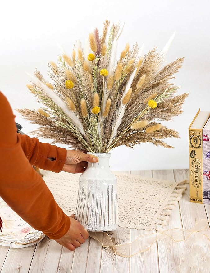 118PCS Dried Flowers Bouquet,(Vase Not Included), Dried Pampas Grass, Reed,Pompas Grass, Boho Wedding Reception,Table Centerpiece Decoration.