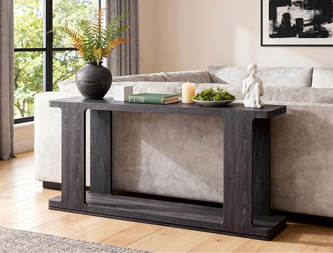 OKD 63 Inch Modern Entryway Console Table, 2-Tier Long Sofa Table Behind Couch with Curved Edge, Wood Farmhouse Narrow Entry Table for Hallway, Living Room, Foyer, Entrance, Dark Alder