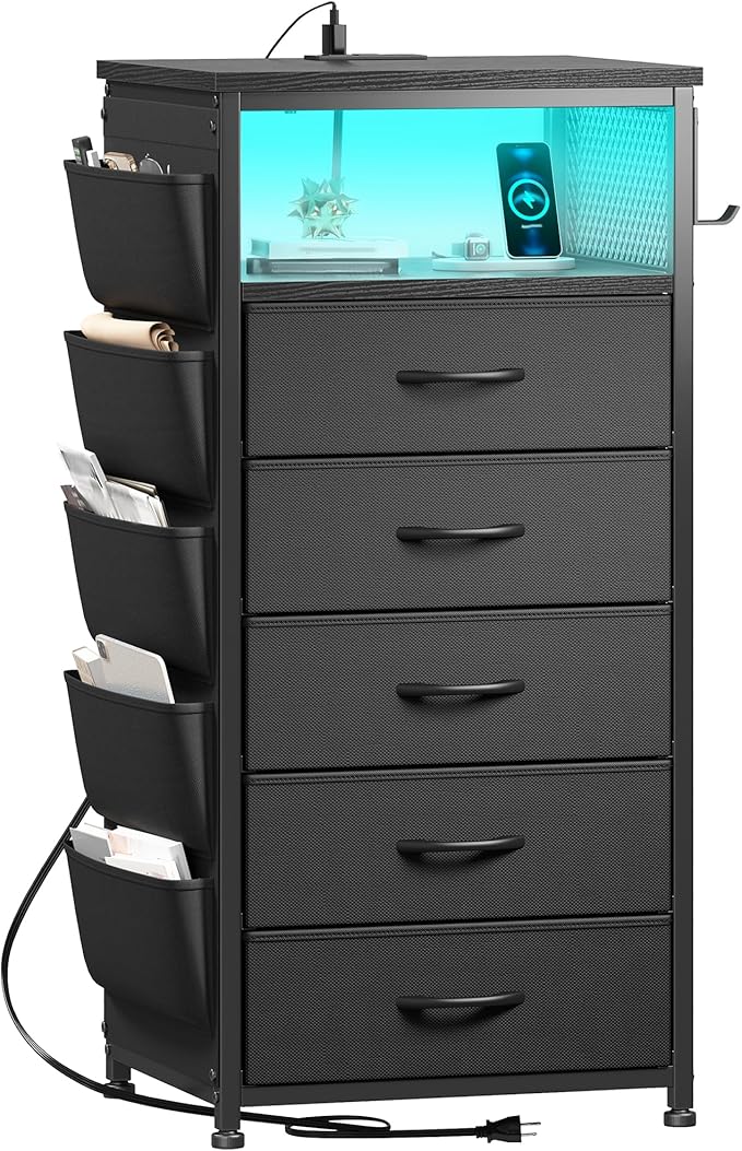 EnHomee Tall Night Stand with 5 Drawers, LED Nightstand with Ports & Outlets, Bedside Table with Extra Side Bag & Storage Shelf & Hooks, Bedroom, Dorm, Closet