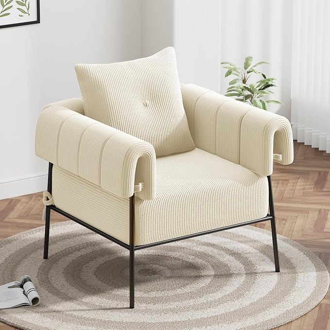 Furniliving Modern Accent Chairs Comfy Chairs with Pillow Lounge Chair Reading Chair for Living Room Upholstered Bedroom Arm Chair with Metal Frame, Armchair, Soft Cushion, Corduroy, Beige