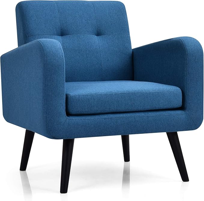 Giantex Upholstered Accent Chair, Modern Mid Century Linen Fabric Living Room Chair with Arms, Max Load 265 Lbs, Comfy Tufted Single Sofa for Reading, Bedroom, Office, Club, Blue