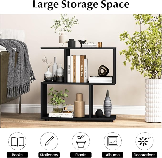 Giantex 3-Tier Geometric Bookshelf, 24" Tall Wood S-Shaped Display Shelves with Thick Foot Pads, Freestanding Open Shelves Nightstand, Floor Standing Display Shelf Bookcase, Black