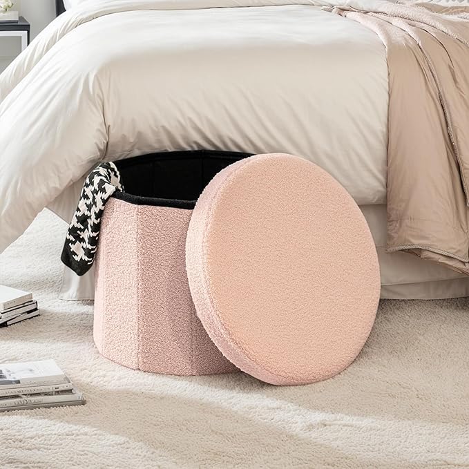 15 Inchs Round Storage Ottoman, Small Foldable Foot Stool with Hidden Storage for Living Room, Bedroom-Pink