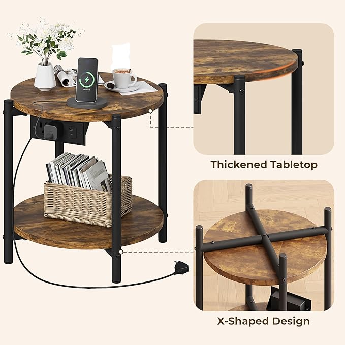 LIKIMIO 15.8" W Small Round Side Table with Charging Station, 2-Tier End Table with Lower Shelf, Wooden Nightstand for Small Spaces, Living Room, Bedroom, Rustic Brown