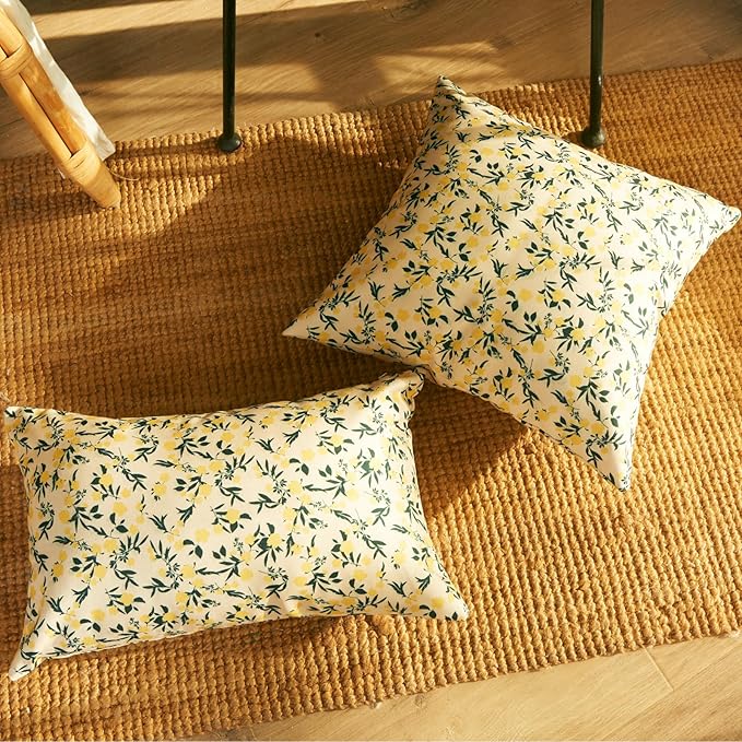 Mantle & Mason Floral Outdoor Pillows Waterproof for Patio Furniture 18x18 Set of 2 Yellow Decorative Pillow Covers for Couch Porch Chair Bench Reversable Cottage Farmhouse Pillow Cases