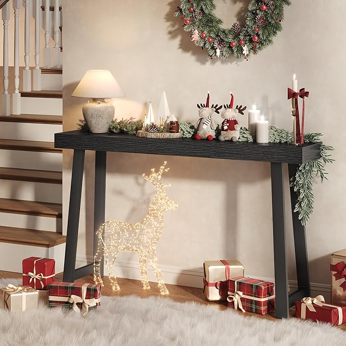 Huuger Entryway Console Table with Charging Station, USB-C Port, 53.9 Inch Sofa Table with Metal Legs, Entry Hallway Table with Deeper Desktop, Modern Behind Couch Table, Black