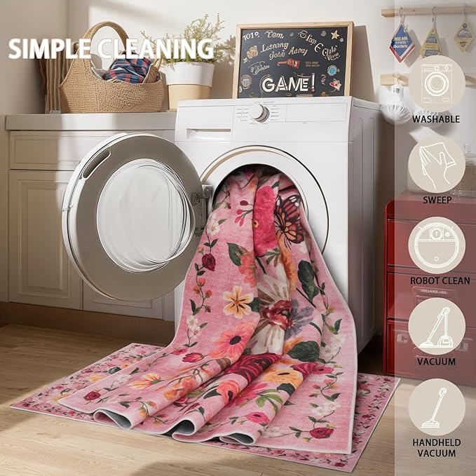 Pink Rug for Hallways Kitchen Rug 2x8, Non Slip Washable Rugs with Rubber Backing Soft Floral Carpet Runner for Hallways, Kitchen, Laundry, Bedroom, Bathroom (2 x 8, Pink Garden)