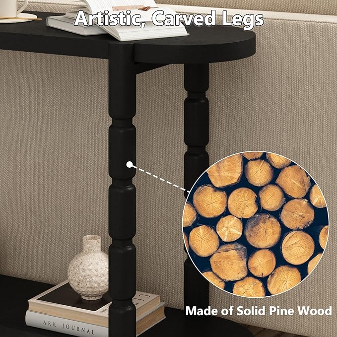 Farmhouse Entryway Table with Storage-43.4" Narrow Console Table with Solid Wood Legs, 2 Tiers Rounded Corners Sofa Tables for Living Room，Hallway, Entrance, Foyer, Black