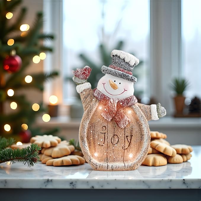 Snowman Christmas Indoor Decorations Snowman Figurine with LED Lights for Winter Holiday Decorations, Christmas Decor Frosty For Shelf Table Fireplace Mantle, Home Decor Accents Xmas Gift for Women